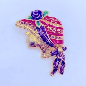 Vintage Lady In Floral Hat Brooch